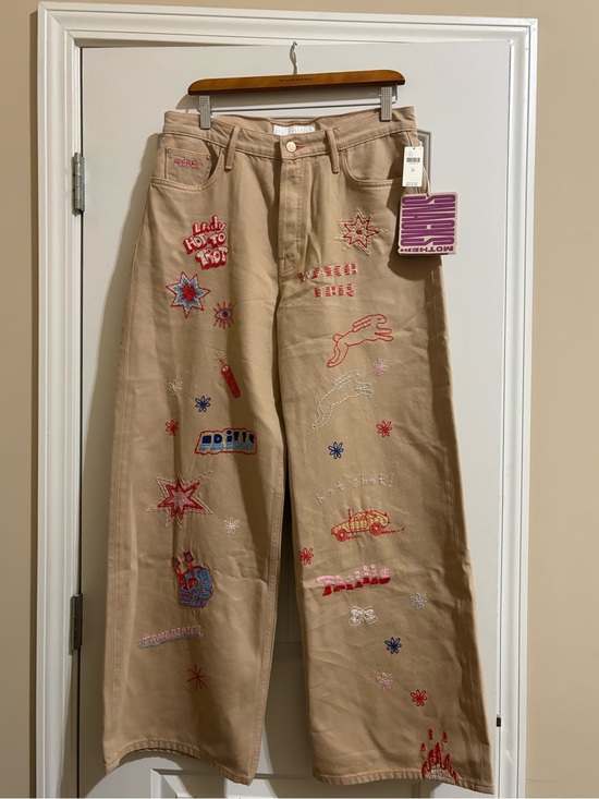MOTHER Denim - MOTHER Beige Embroidered Wide-Leg Jeans with Multicolor Motifs